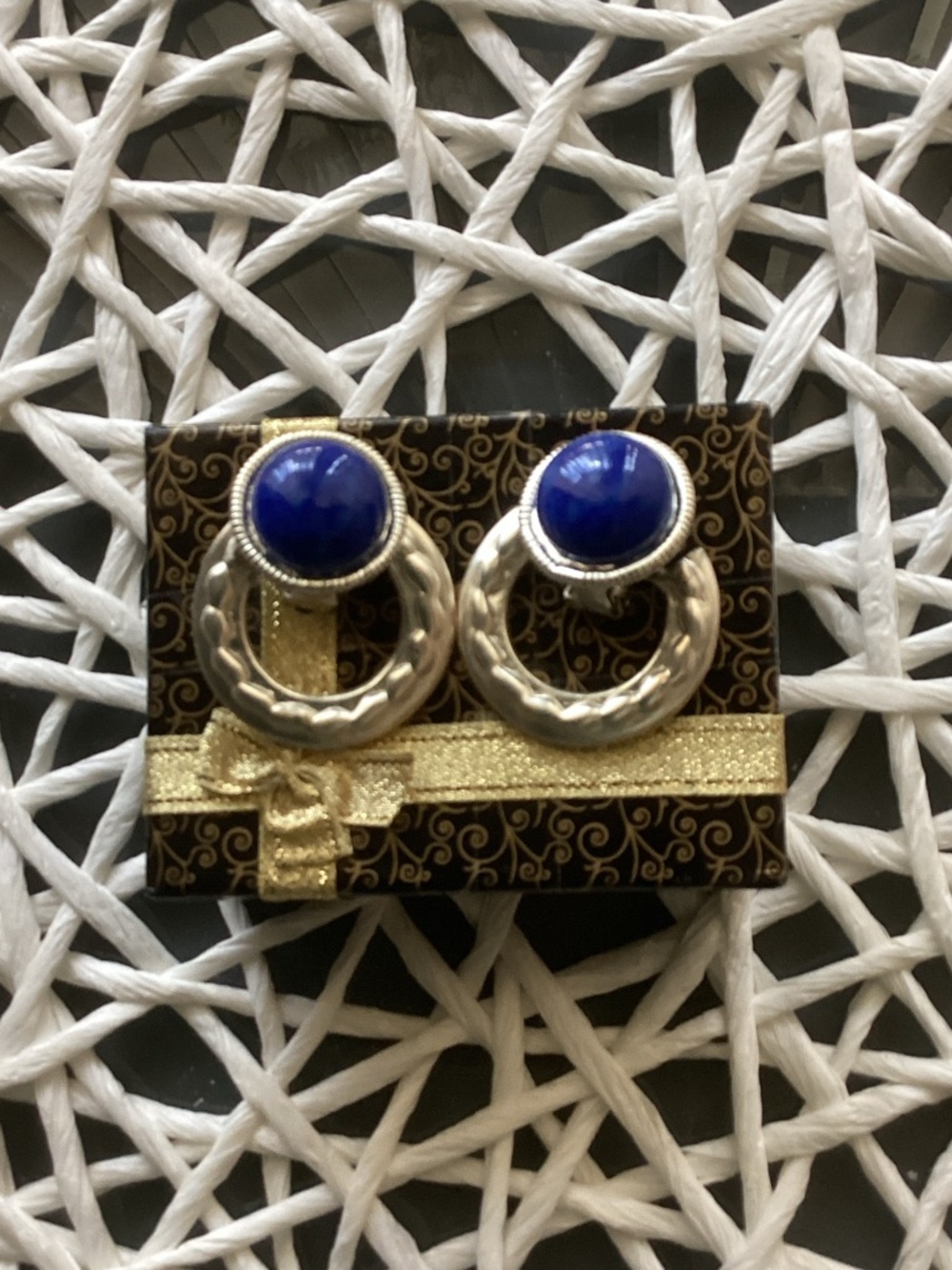 Elegant Silver Hoop Earrings with Royal Blue Cabochons - Women Jewelry